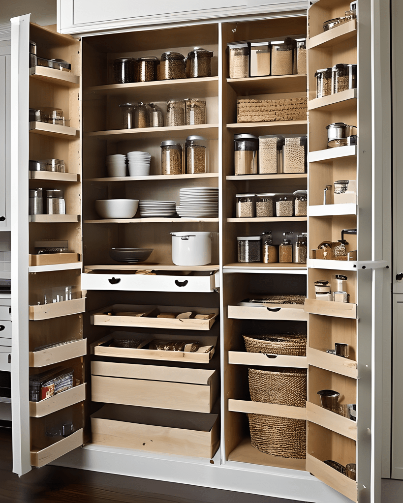 A shaker kitchen pantry cupboard filled with jars, plates and spices.