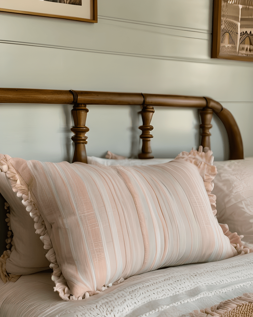 A close up of a bed with green panelled walls and pink cushion