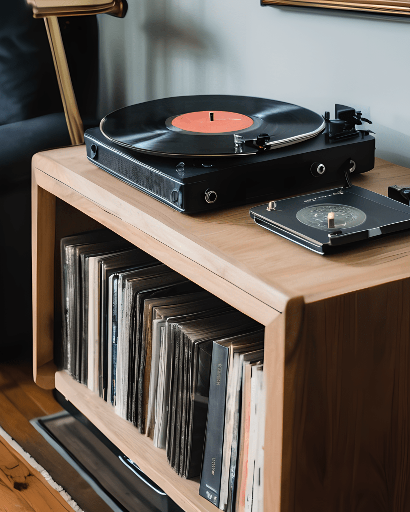 A close up of a record player and vinyls stored below