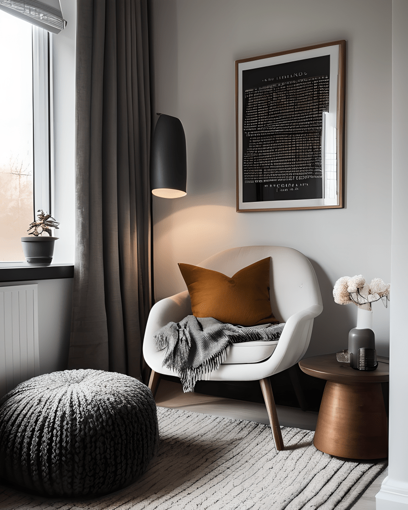 A corner of a room with floor lamp, armchair and footstool