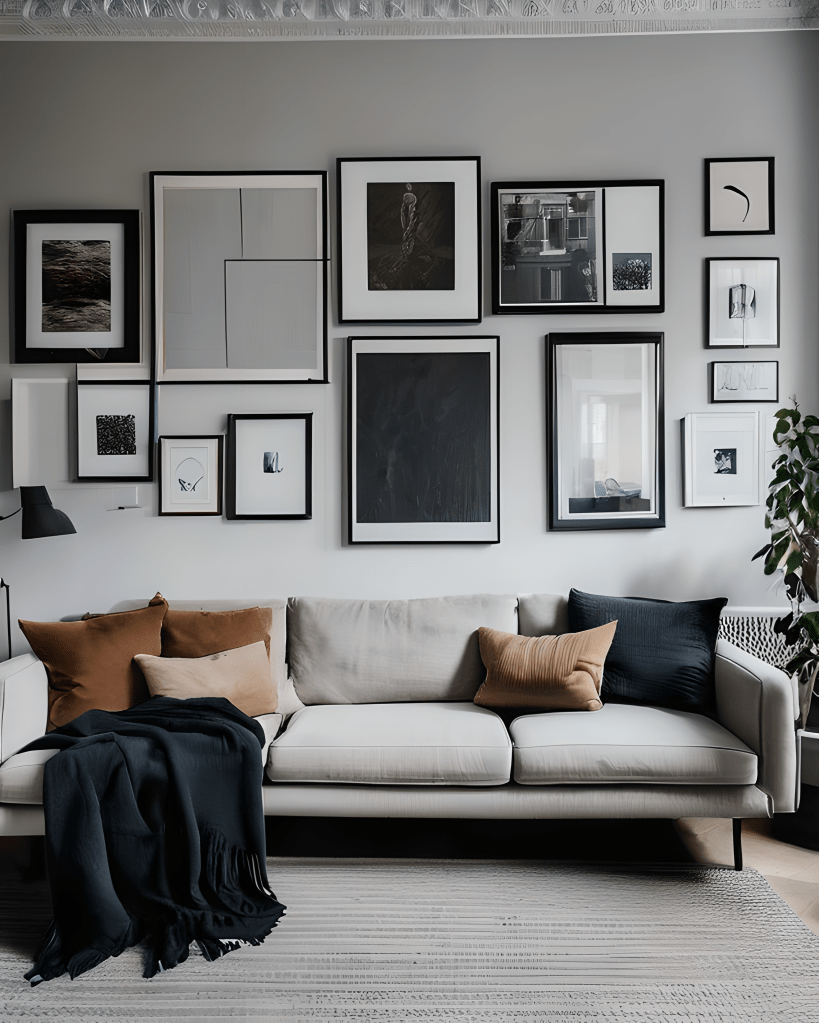 A living room with Scandinavian decor, a grey sofa and wall gallery or modern, minimalist art