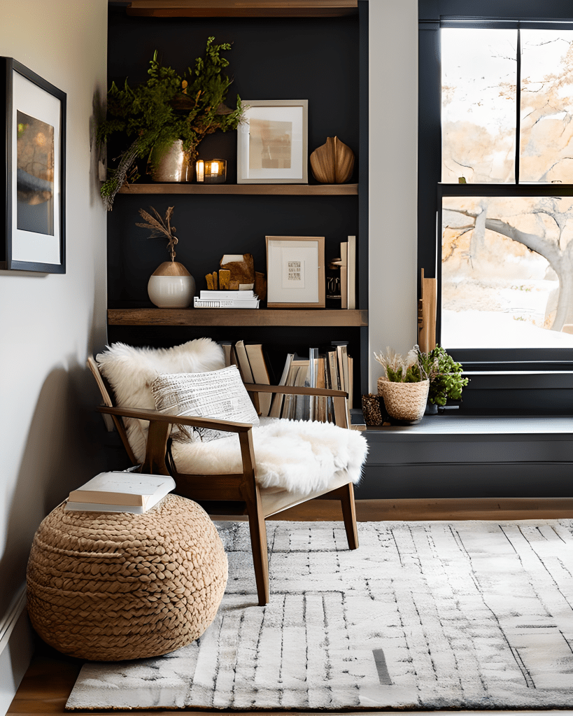 A corner of a bedroom with bookshelves and armchair with wool upholstery