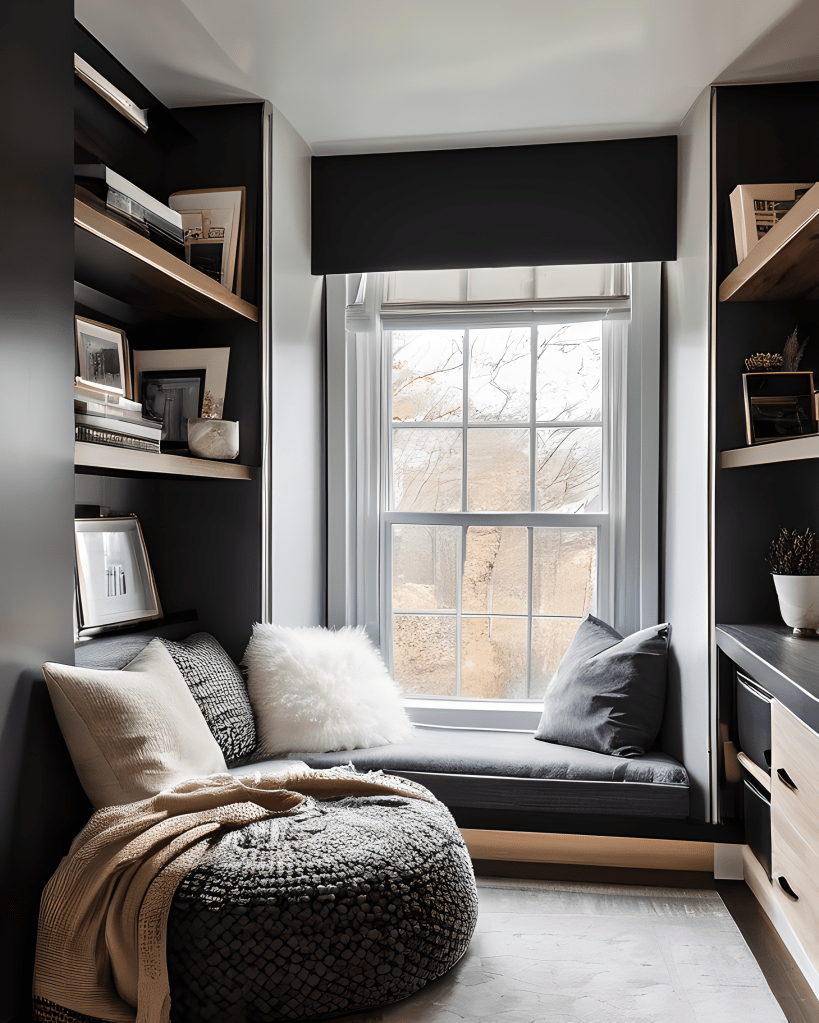 A reading nook in a bedroom with large grey footstool and Scandinavian-style cushions and accessories.