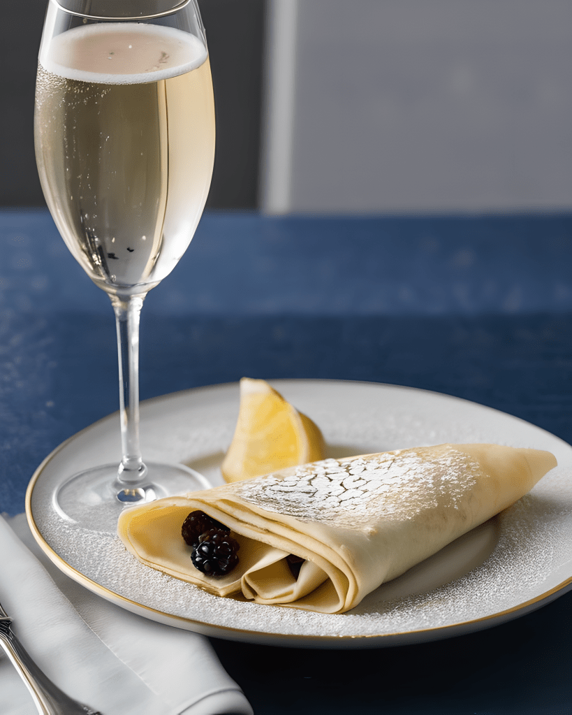 A crepe with fruit and a glass of champagne
