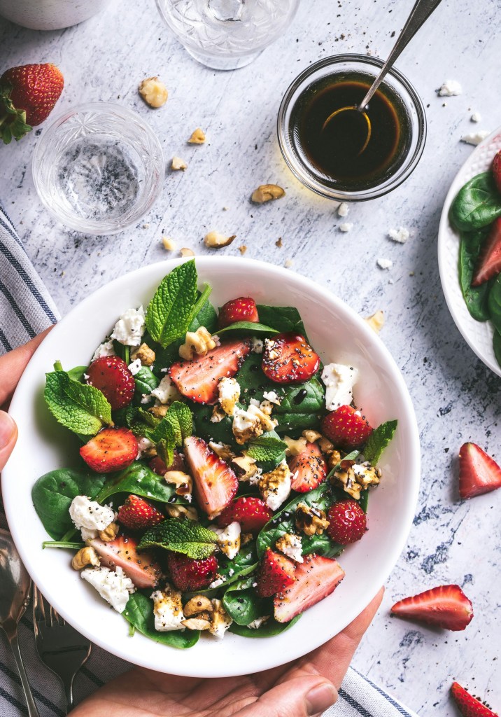 Strawberry and spinach salad with feta, mint and walnuts