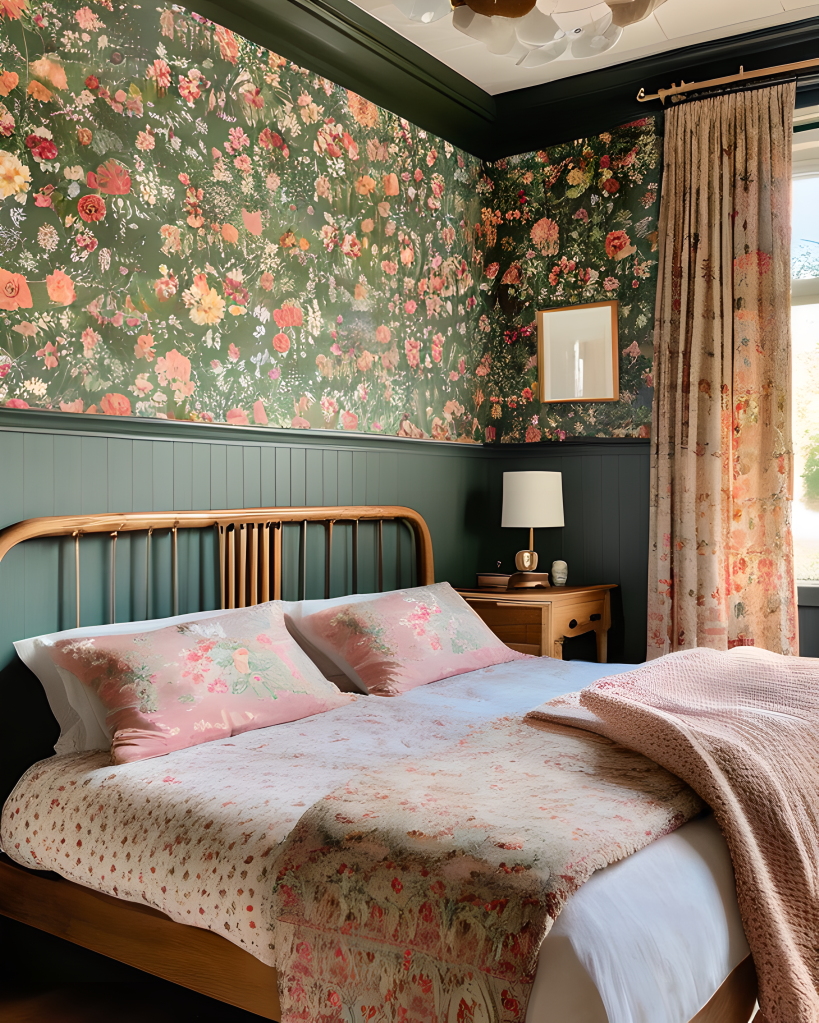 A bedroom with floral wallpaper