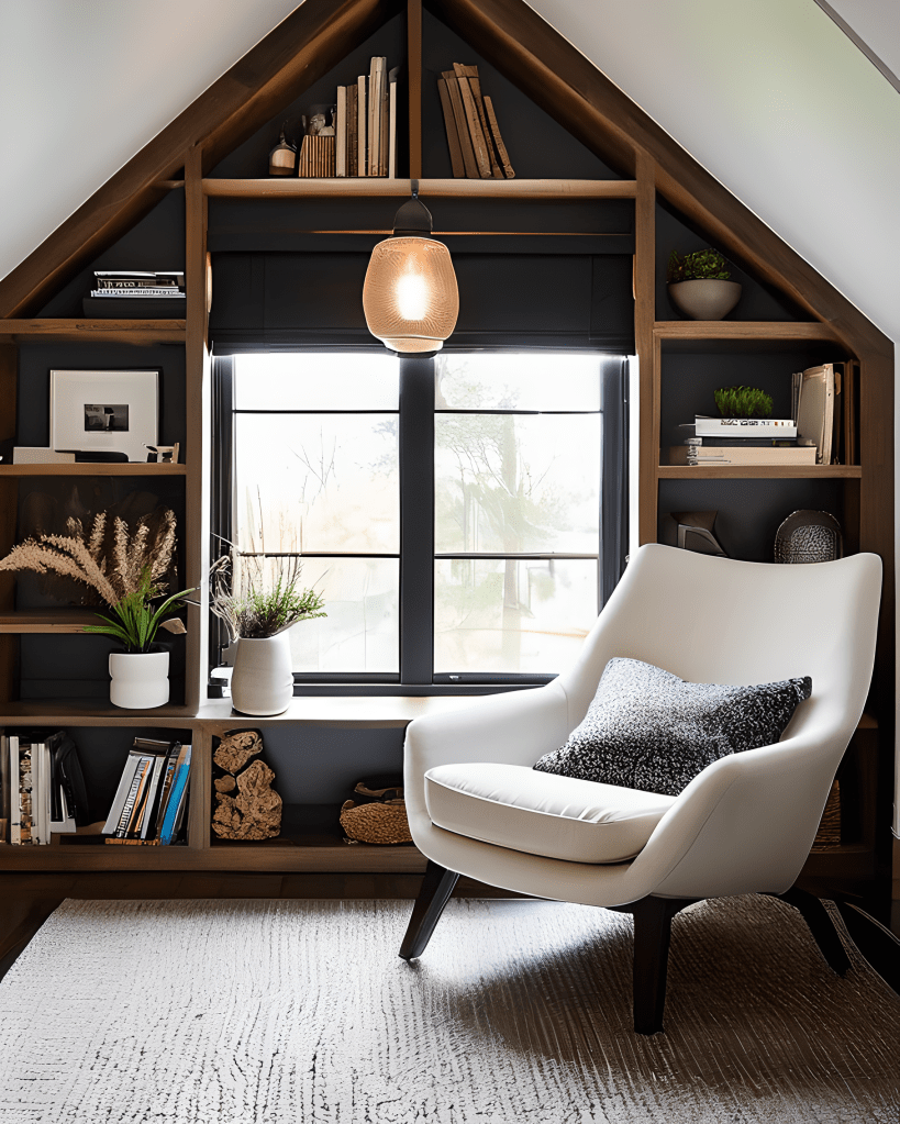 An attic room with window, built in bookshelves and a white armchair