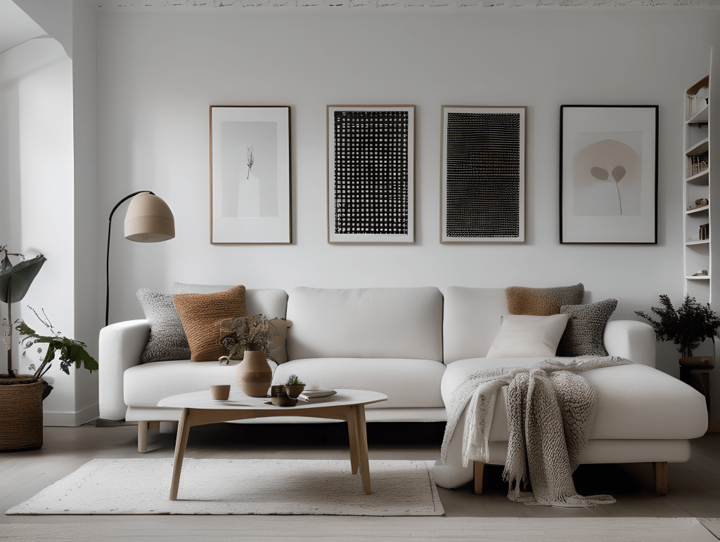 A living room in Scandinavian decor with large white sofa and minimalistic artwork