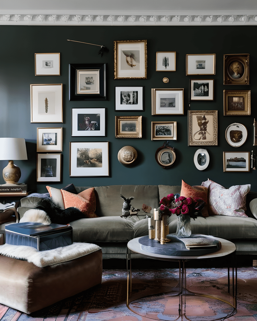 A dark green living room with eclectic wall art