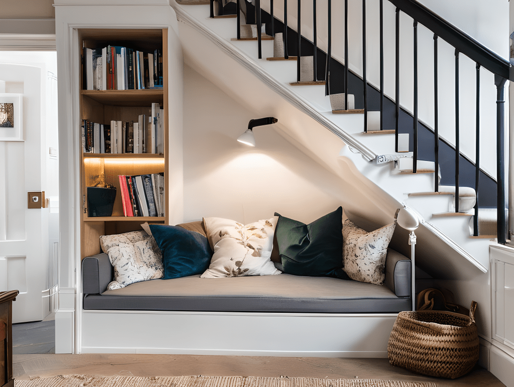 A daybed under a set of stairs with built in bookshelves