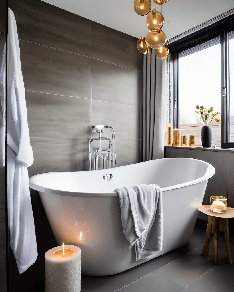 A bathroom with candles lit and bath robes hanging up on the wall